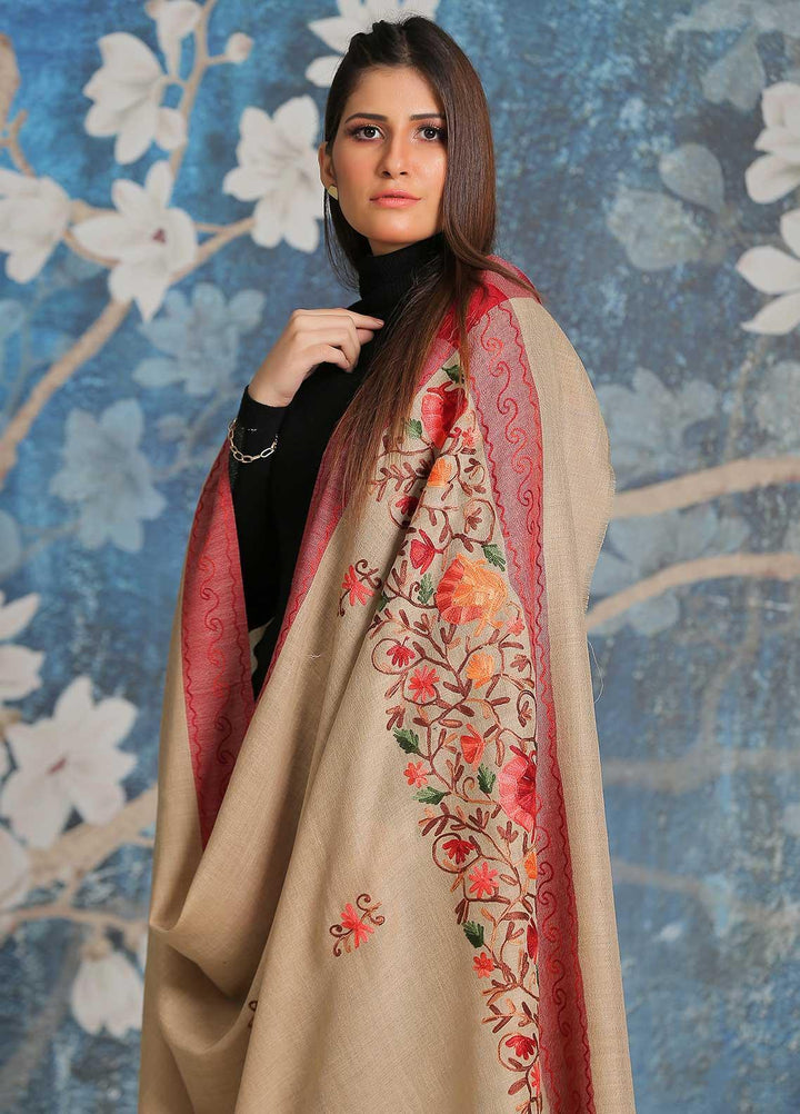 Sanaulla Exclusive Range Embroidered Pashmina  Shawl SU21PP MIR-18 Brown 14 - Pure Pashmina Shawls