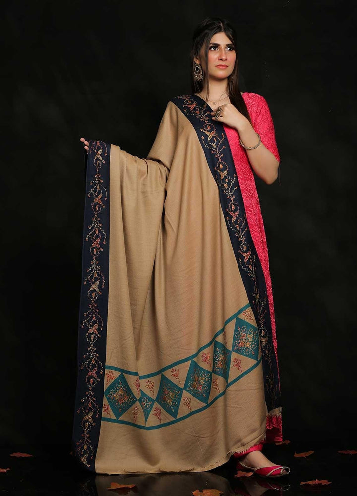 Sanaulla Exclusive Range Embroidered Pashmina  Shawl MIR-19 Fawn 1 - Pashmina Shawls