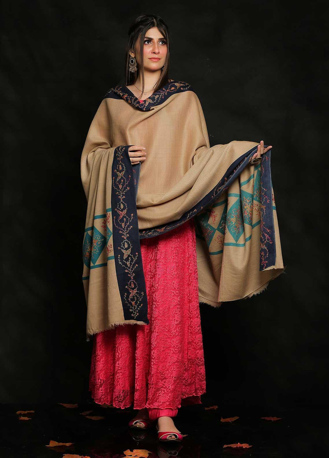 Sanaulla Exclusive Range Embroidered Pashmina  Shawl MIR-19 Fawn 1 - Pashmina Shawls