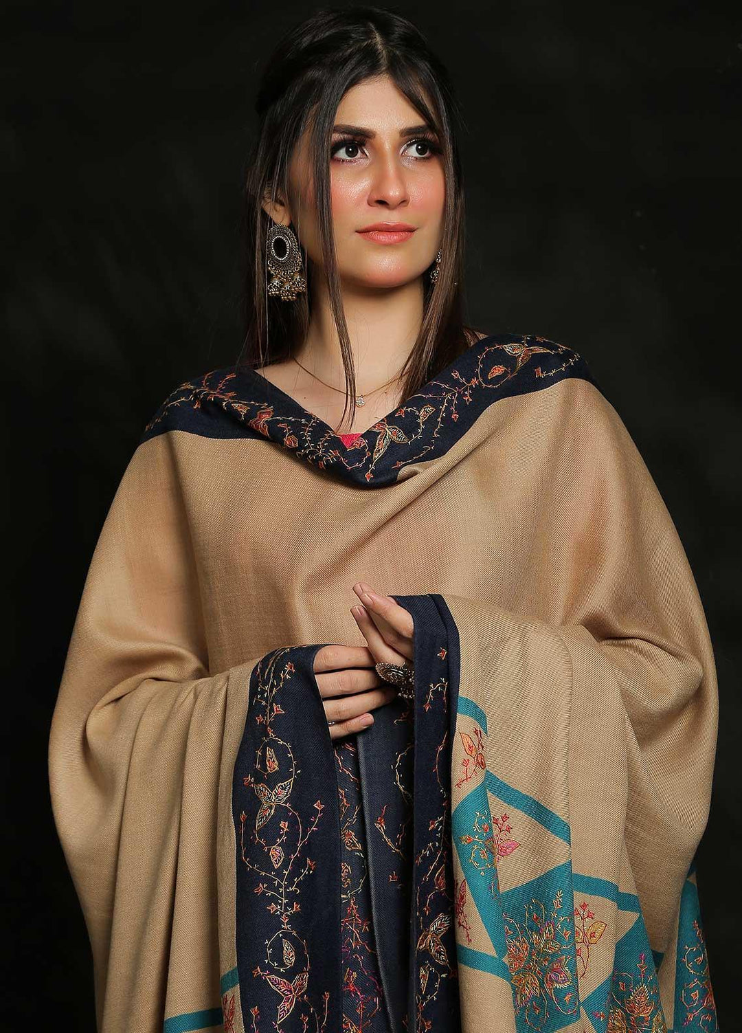 Sanaulla Exclusive Range Embroidered Pashmina  Shawl MIR-19 Fawn 1 - Pashmina Shawls
