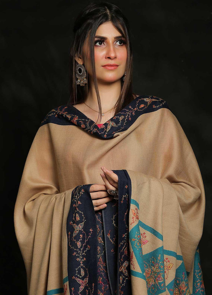 Sanaulla Exclusive Range Embroidered Pashmina  Shawl MIR-19 Fawn 1 - Pashmina Shawls