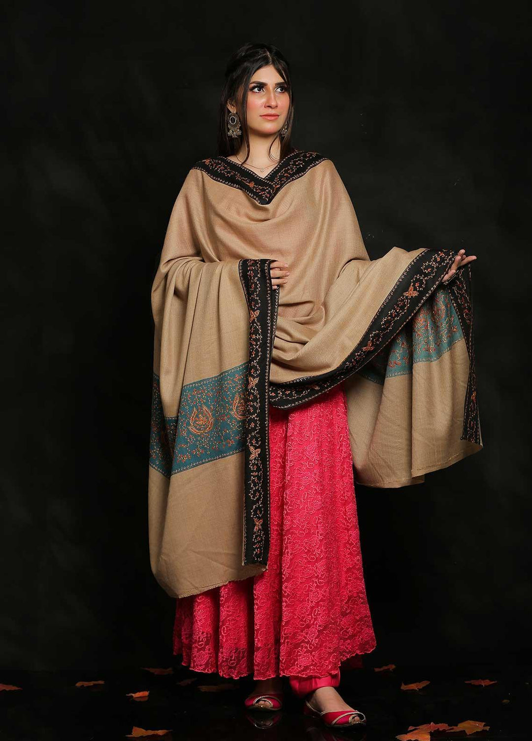 Sanaulla Exclusive Range Embroidered Pashmina  Shawl MIR-19 Ferozi - Pashmina Shawls