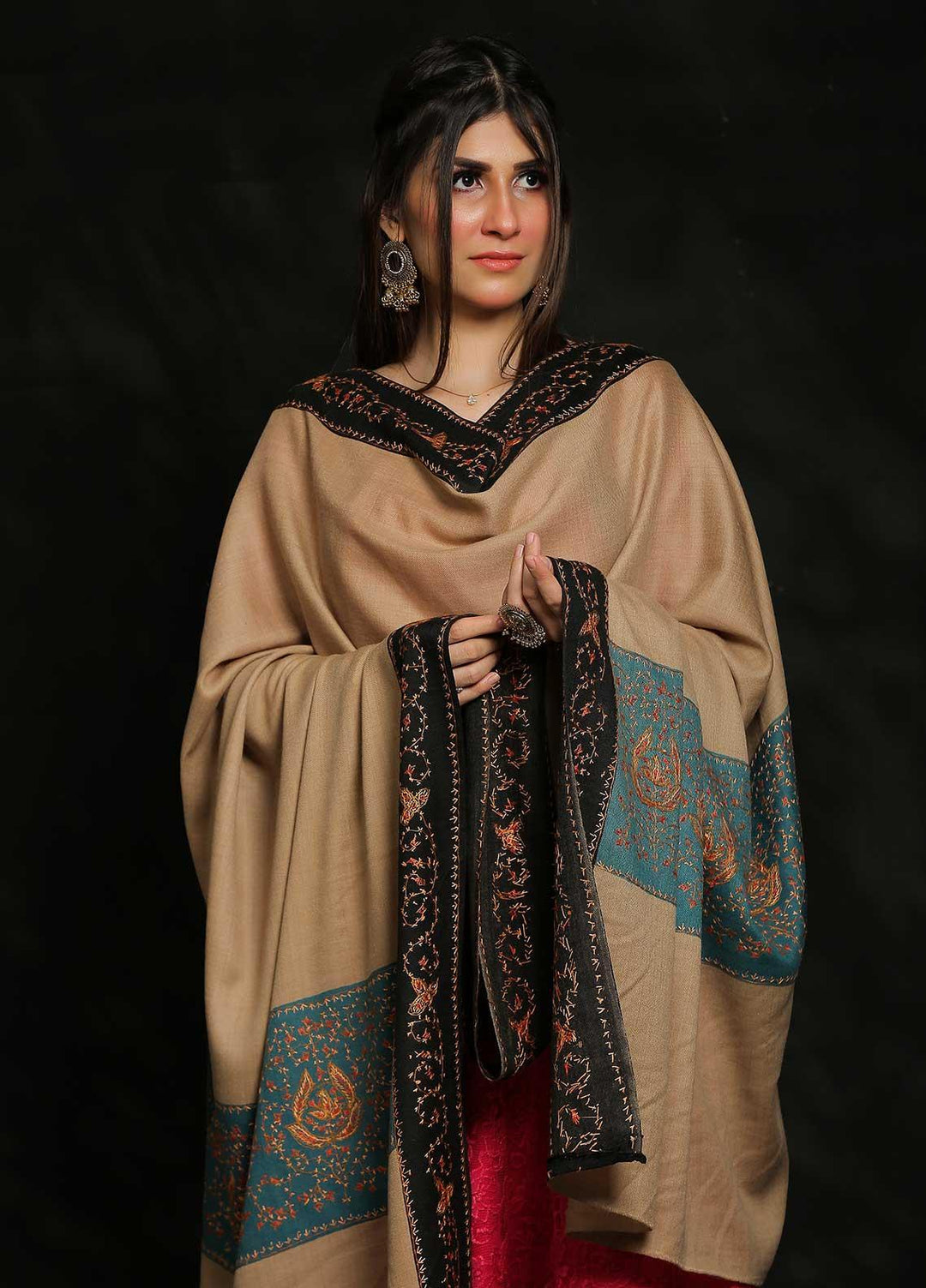 Sanaulla Exclusive Range Embroidered Pashmina  Shawl MIR-19 Ferozi - Pashmina Shawls