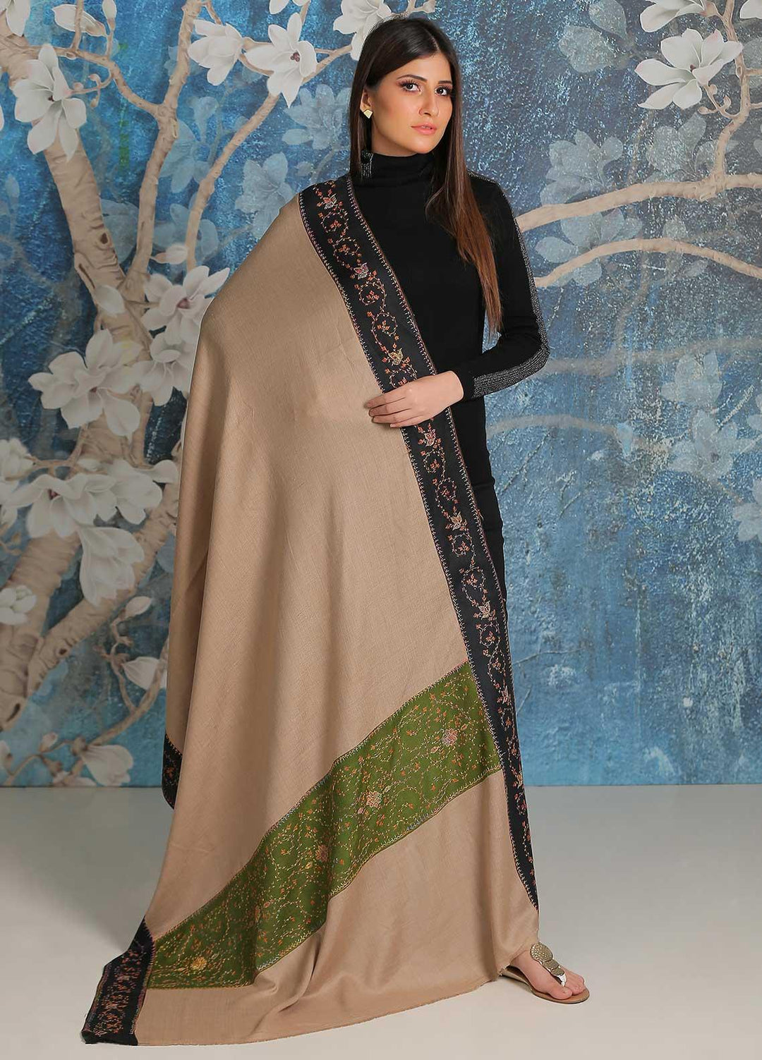 Sanaulla Exclusive Range Embroidered Pashmina  Shawl SU21PP MIR-19 Green - Pure Pashmina Shawls