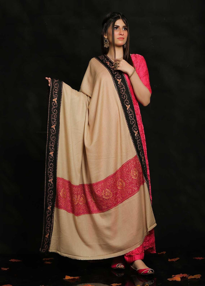 Sanaulla Exclusive Range Embroidered Pashmina  Shawl MIR-19 Pink 1 - Pashmina Shawls