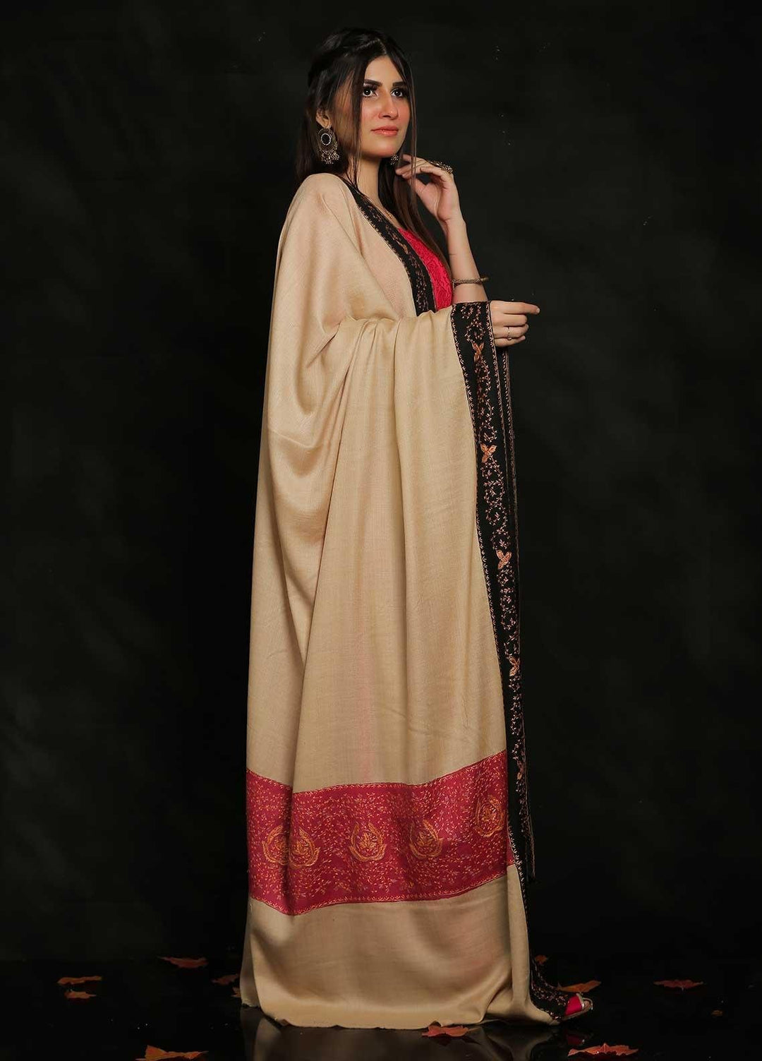 Sanaulla Exclusive Range Embroidered Pashmina  Shawl MIR-19 Pink 1 - Pashmina Shawls