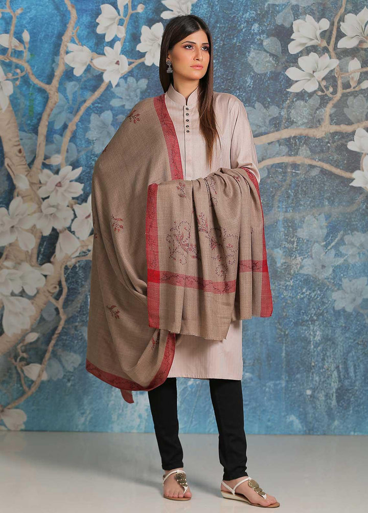 Sanaulla Exclusive Range Embroidered Pashmina  Shawl SU21PP MIR-20 Brown 23 - Pure Pashmina Shawls