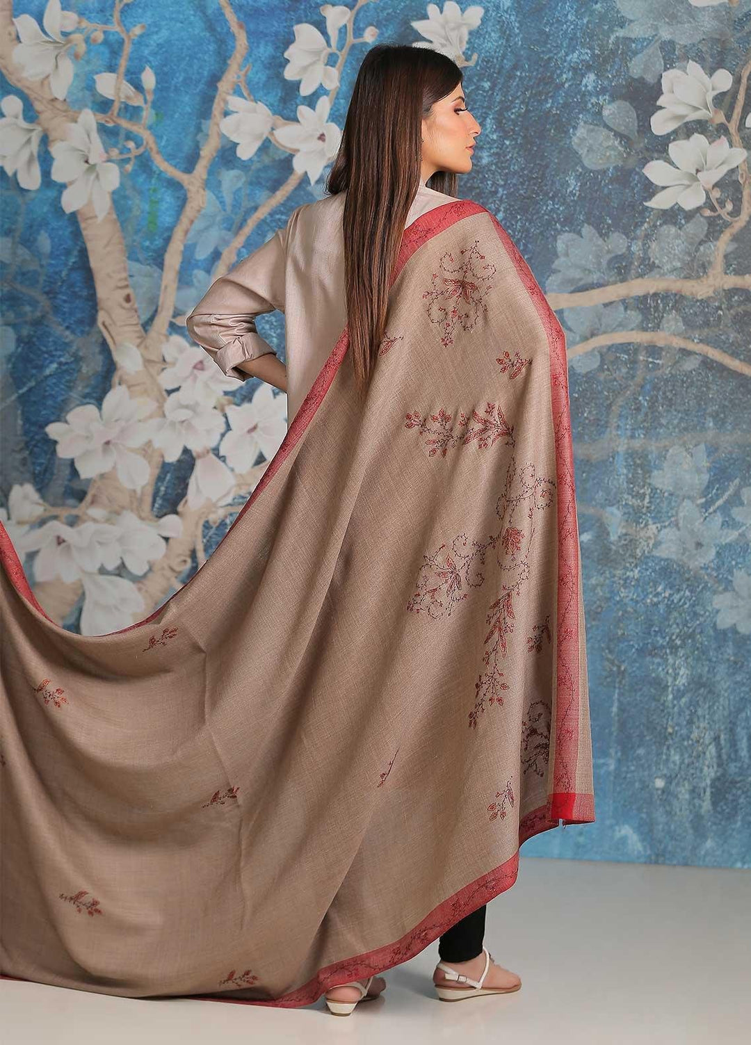 Sanaulla Exclusive Range Embroidered Pashmina  Shawl SU21PP MIR-20 Brown 23 - Pure Pashmina Shawls