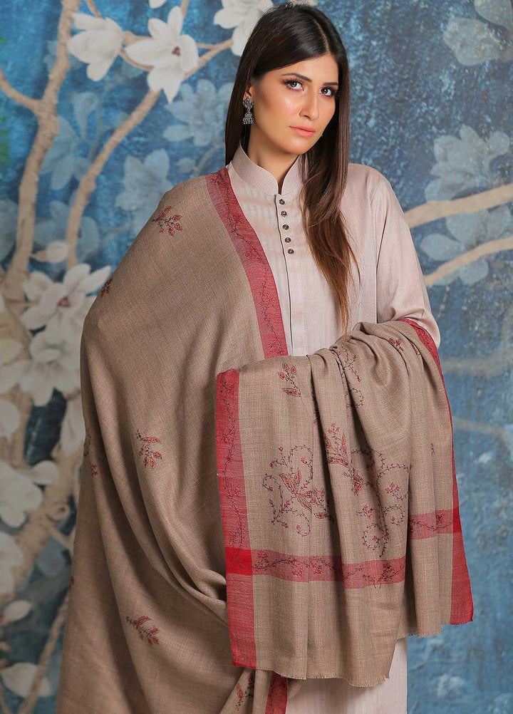 Sanaulla Exclusive Range Embroidered Pashmina  Shawl SU21PP MIR-20 Brown 23 - Pure Pashmina Shawls