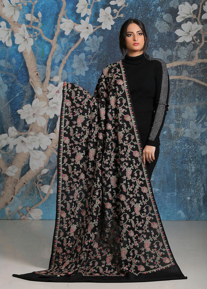 Sanaulla Exclusive Range Embroidered Pashmina  Shawl SU21PP MIR-21 Black - Pure Pashmina Shawls