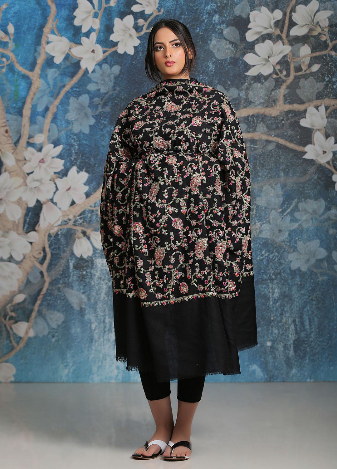 Sanaulla Exclusive Range Embroidered Pashmina  Shawl SU21PP MIR-21 Black - Pure Pashmina Shawls