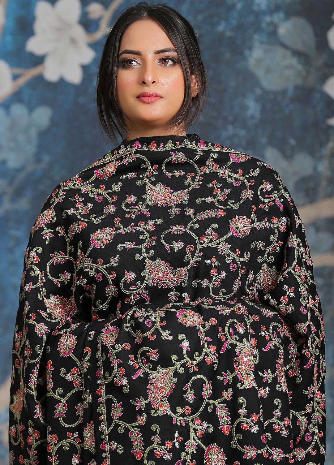Sanaulla Exclusive Range Embroidered Pashmina  Shawl SU21PP MIR-21 Black - Pure Pashmina Shawls