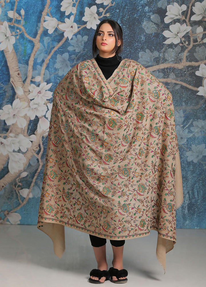 Sanaulla Exclusive Range Embroidered Pashmina  Shawl SU21PP MIR-21 Brown 1 - Pure Pashmina Shawls