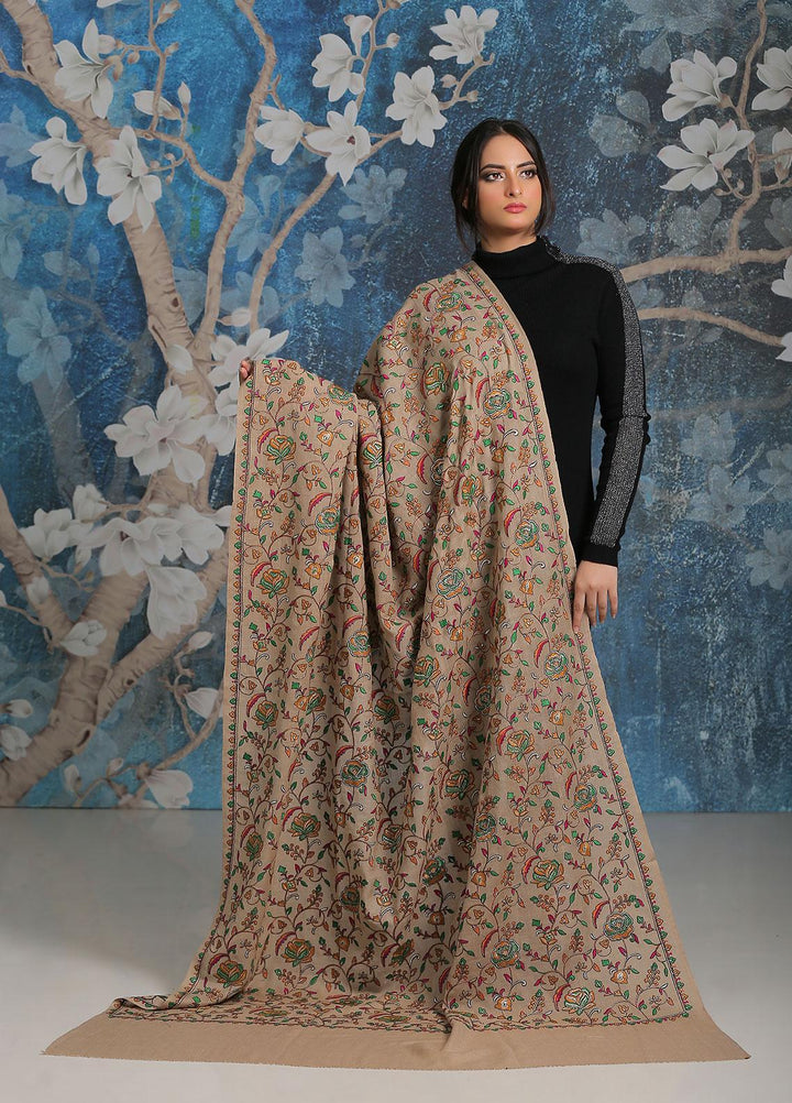 Sanaulla Exclusive Range Embroidered Pashmina  Shawl SU21PP MIR-21 Brown 1 - Pure Pashmina Shawls