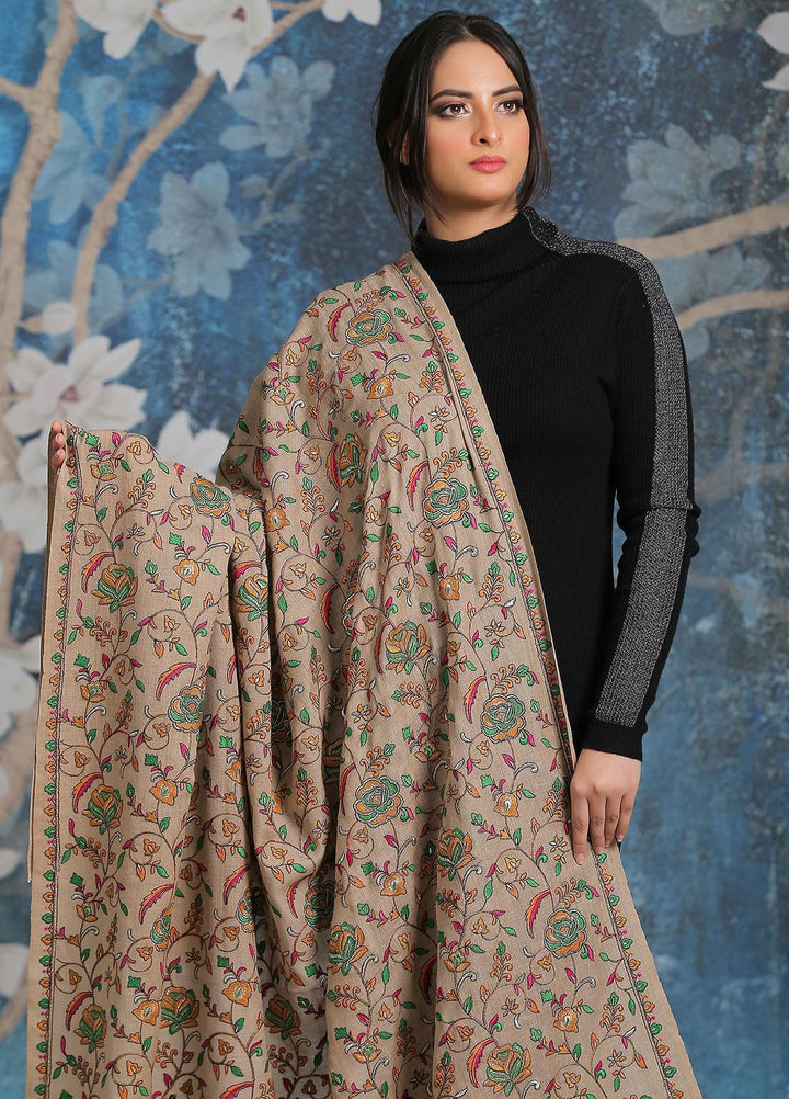 Sanaulla Exclusive Range Embroidered Pashmina  Shawl SU21PP MIR-21 Brown 1 - Pure Pashmina Shawls
