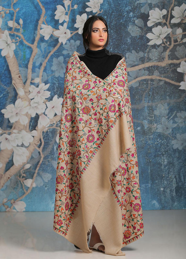 Sanaulla Exclusive Range Embroidered Pashmina  Shawl SU21PP MIR-21 Brown 2 - Pure Pashmina Shawls