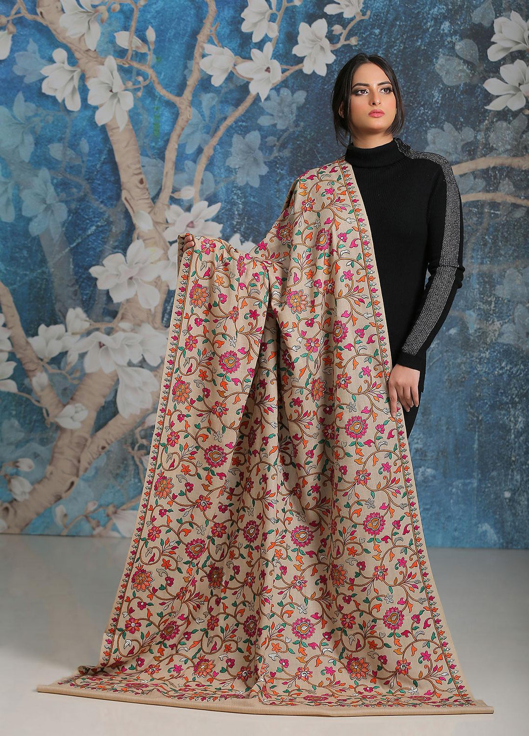 Sanaulla Exclusive Range Embroidered Pashmina  Shawl SU21PP MIR-21 Brown 2 - Pure Pashmina Shawls