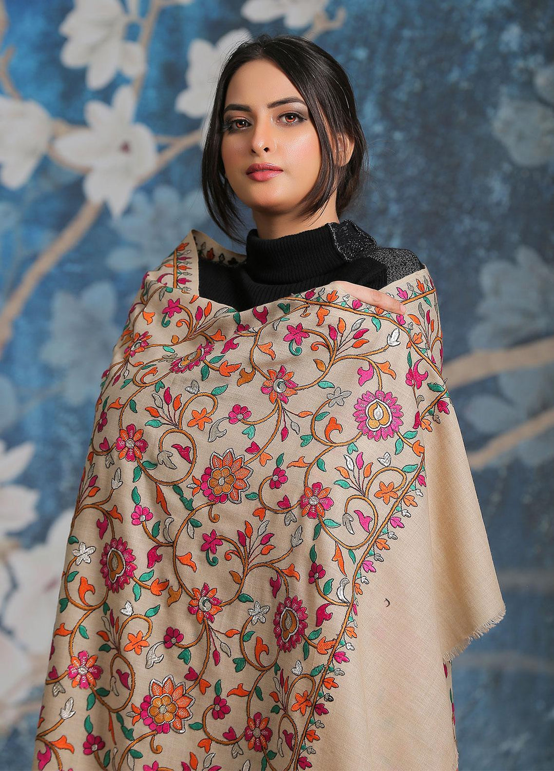Sanaulla Exclusive Range Embroidered Pashmina  Shawl SU21PP MIR-21 Brown 2 - Pure Pashmina Shawls