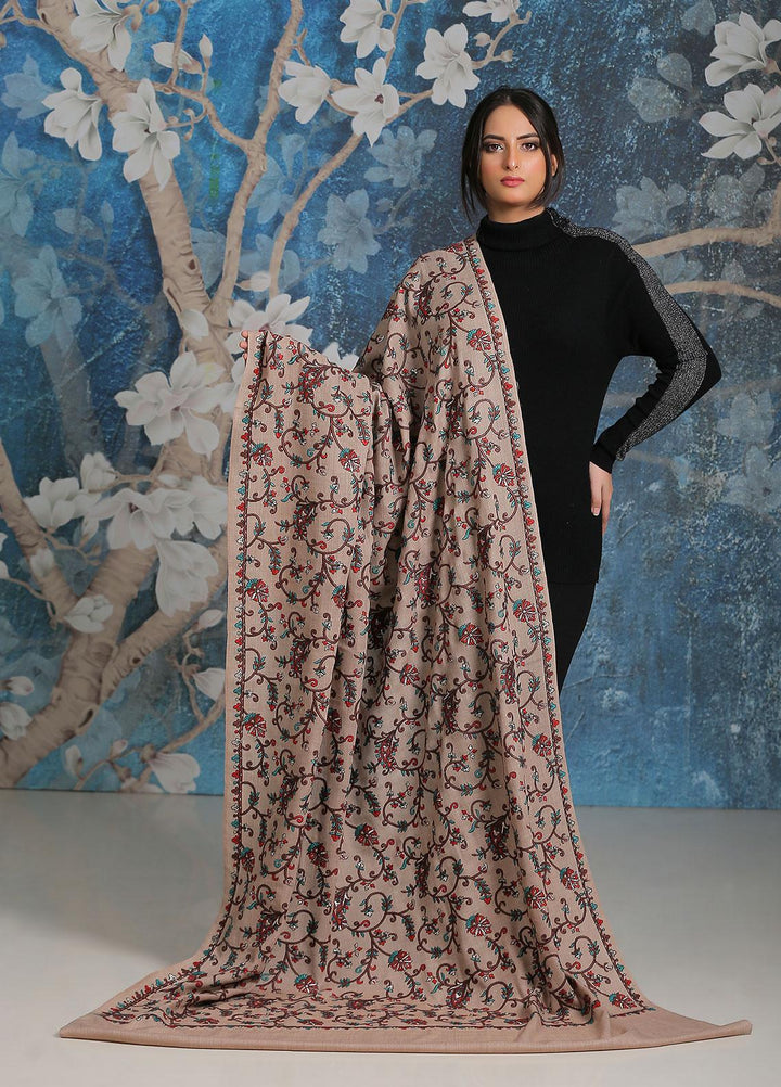 Sanaulla Exclusive Range Embroidered Pashmina  Shawl SU21PP MIR-21 Brown 3 - Pure Pashmina Shawls