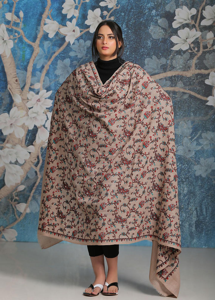 Sanaulla Exclusive Range Embroidered Pashmina  Shawl SU21PP MIR-21 Brown 3 - Pure Pashmina Shawls