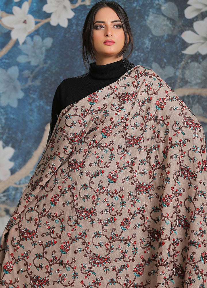 Sanaulla Exclusive Range Embroidered Pashmina  Shawl SU21PP MIR-21 Brown 3 - Pure Pashmina Shawls