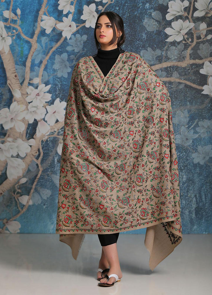 Sanaulla Exclusive Range Embroidered Pashmina  Shawl SU21PP MIR-21 Brown 4 - Pure Pashmina Shawls