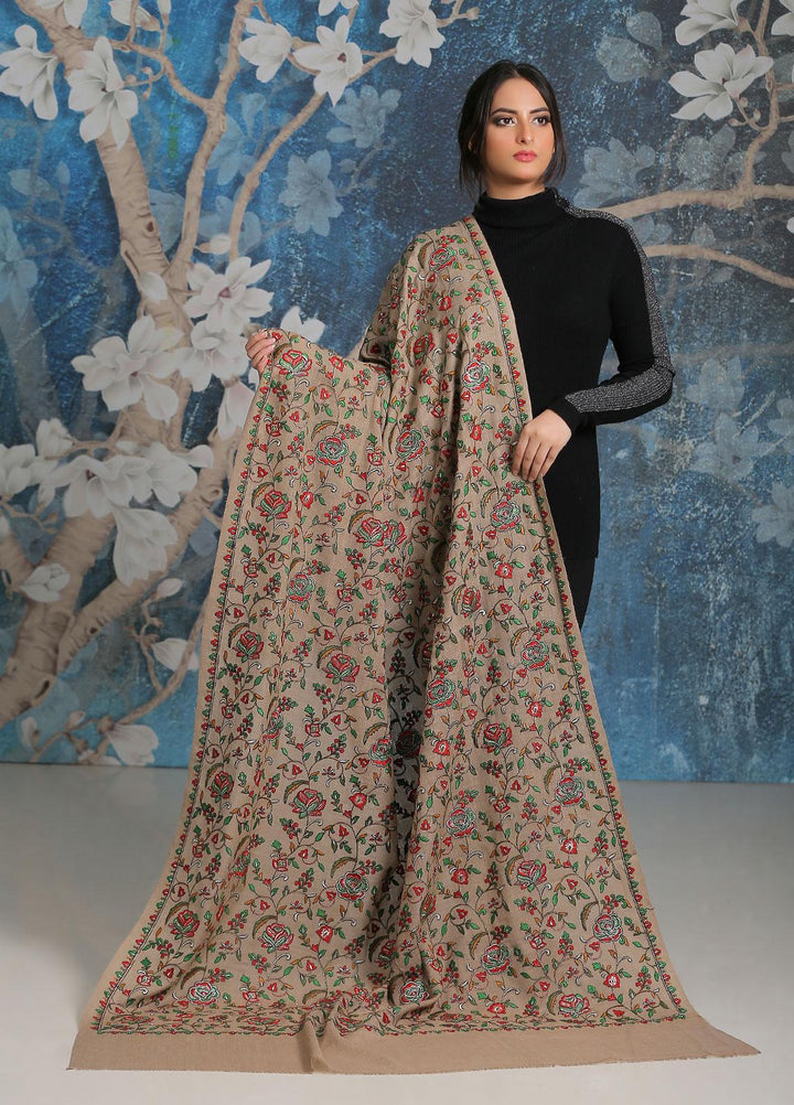 Sanaulla Exclusive Range Embroidered Pashmina  Shawl SU21PP MIR-21 Brown 4 - Pure Pashmina Shawls