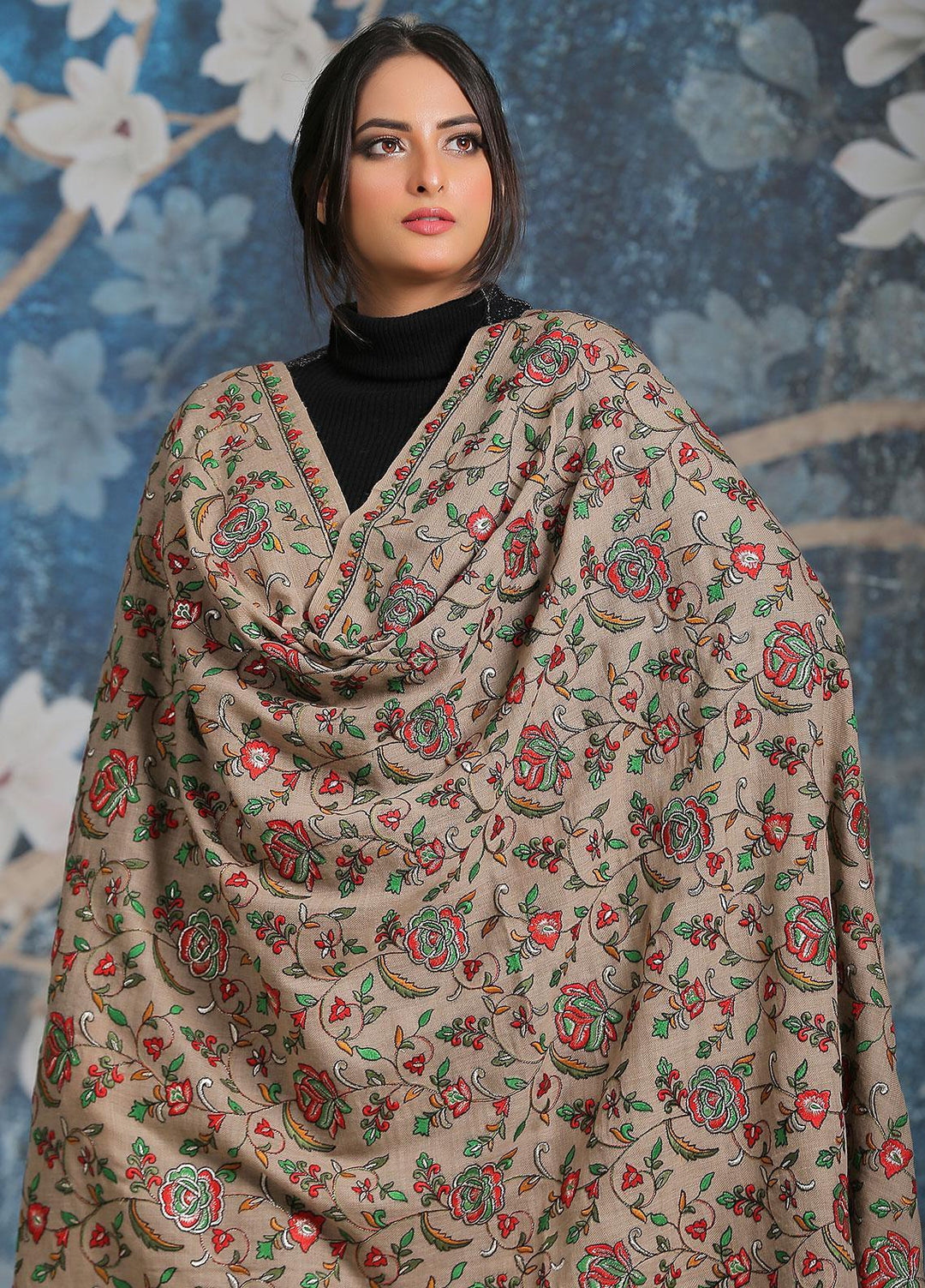 Sanaulla Exclusive Range Embroidered Pashmina  Shawl SU21PP MIR-21 Brown 4 - Pure Pashmina Shawls