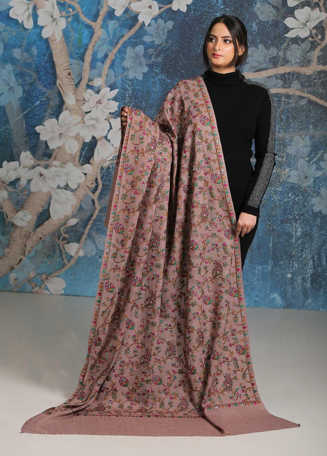 Sanaulla Exclusive Range Embroidered Pashmina  Shawl SU21PP MIR-21 Brown 5 - Pure Pashmina Shawls