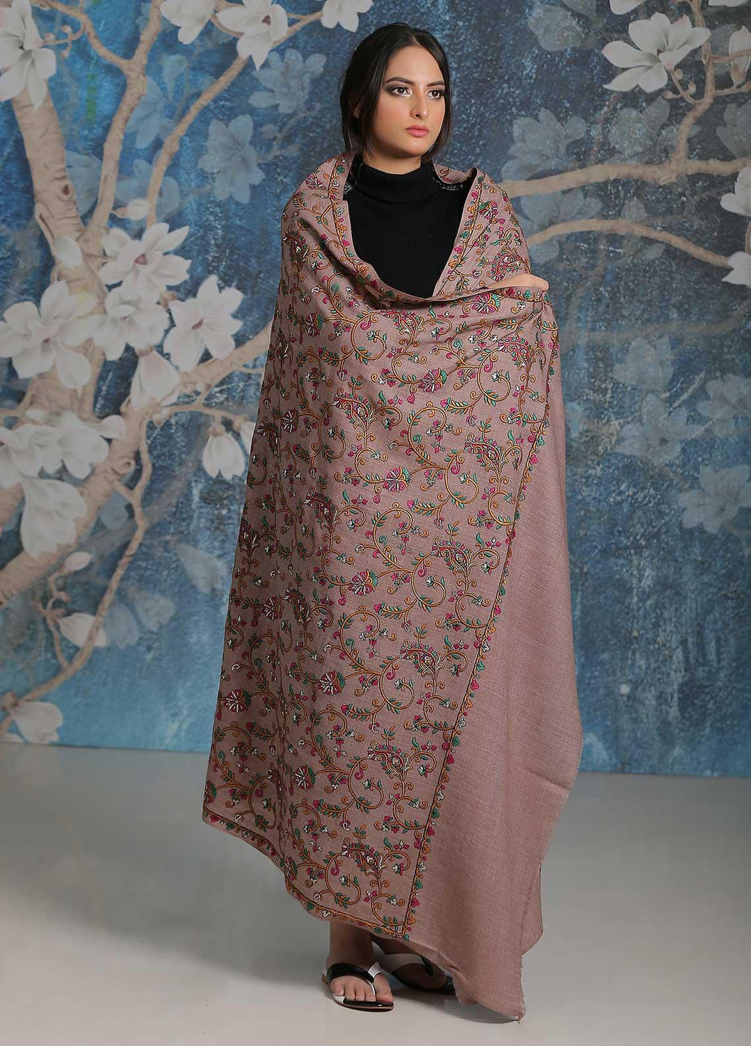 Sanaulla Exclusive Range Embroidered Pashmina  Shawl SU21PP MIR-21 Brown 5 - Pure Pashmina Shawls