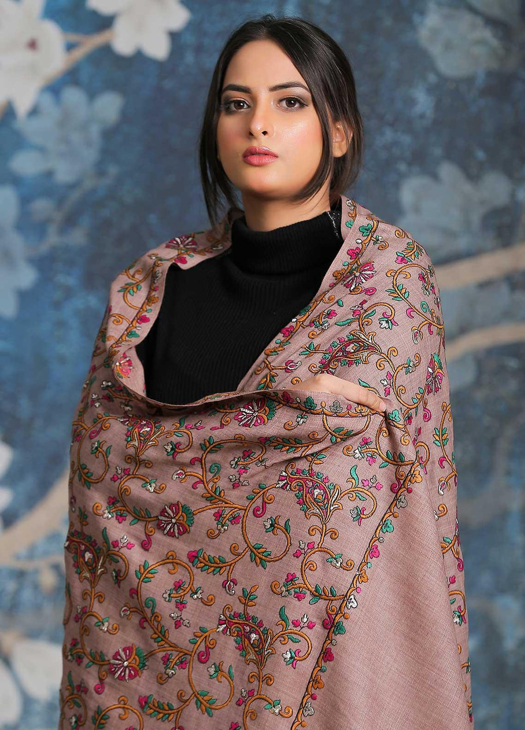 Sanaulla Exclusive Range Embroidered Pashmina  Shawl SU21PP MIR-21 Brown 5 - Pure Pashmina Shawls