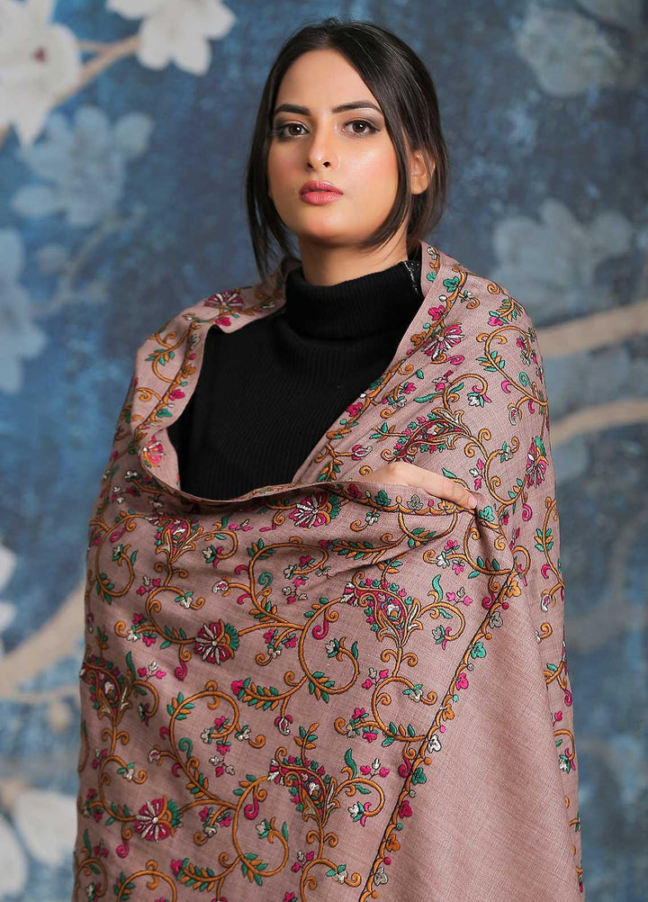 Sanaulla Exclusive Range Embroidered Pashmina  Shawl SU21PP MIR-21 Brown 5 - Pure Pashmina Shawls