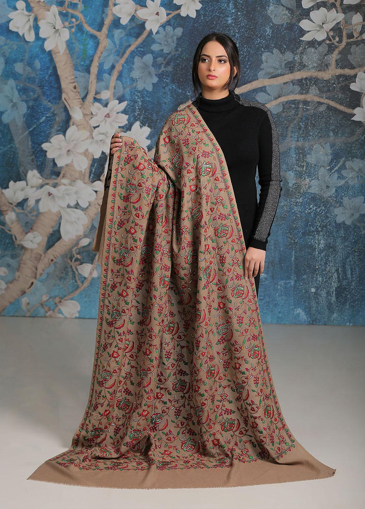 Sanaulla Exclusive Range Embroidered Pashmina  Shawl SU21PP MIR-21 Brown 6 - Pure Pashmina Shawls