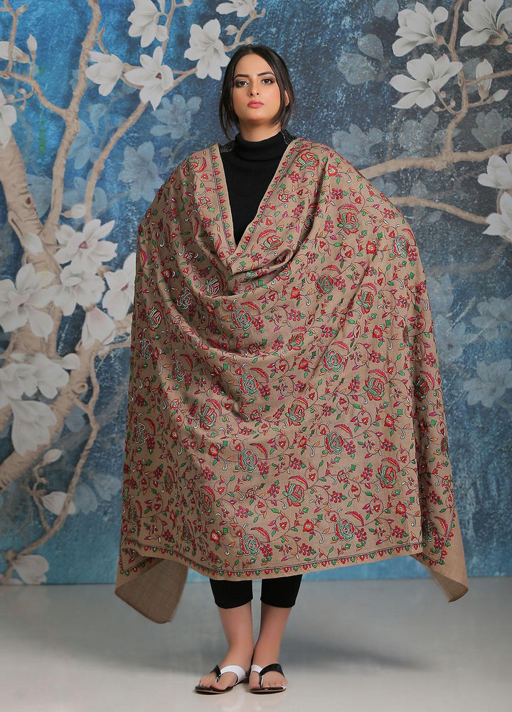 Sanaulla Exclusive Range Embroidered Pashmina  Shawl SU21PP MIR-21 Brown 6 - Pure Pashmina Shawls