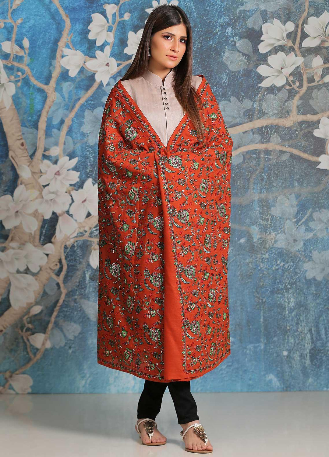 Sanaulla Exclusive Range Embroidered Pashmina  Shawl SU21PP MIR-21 Orange - Pure Pashmina Shawls