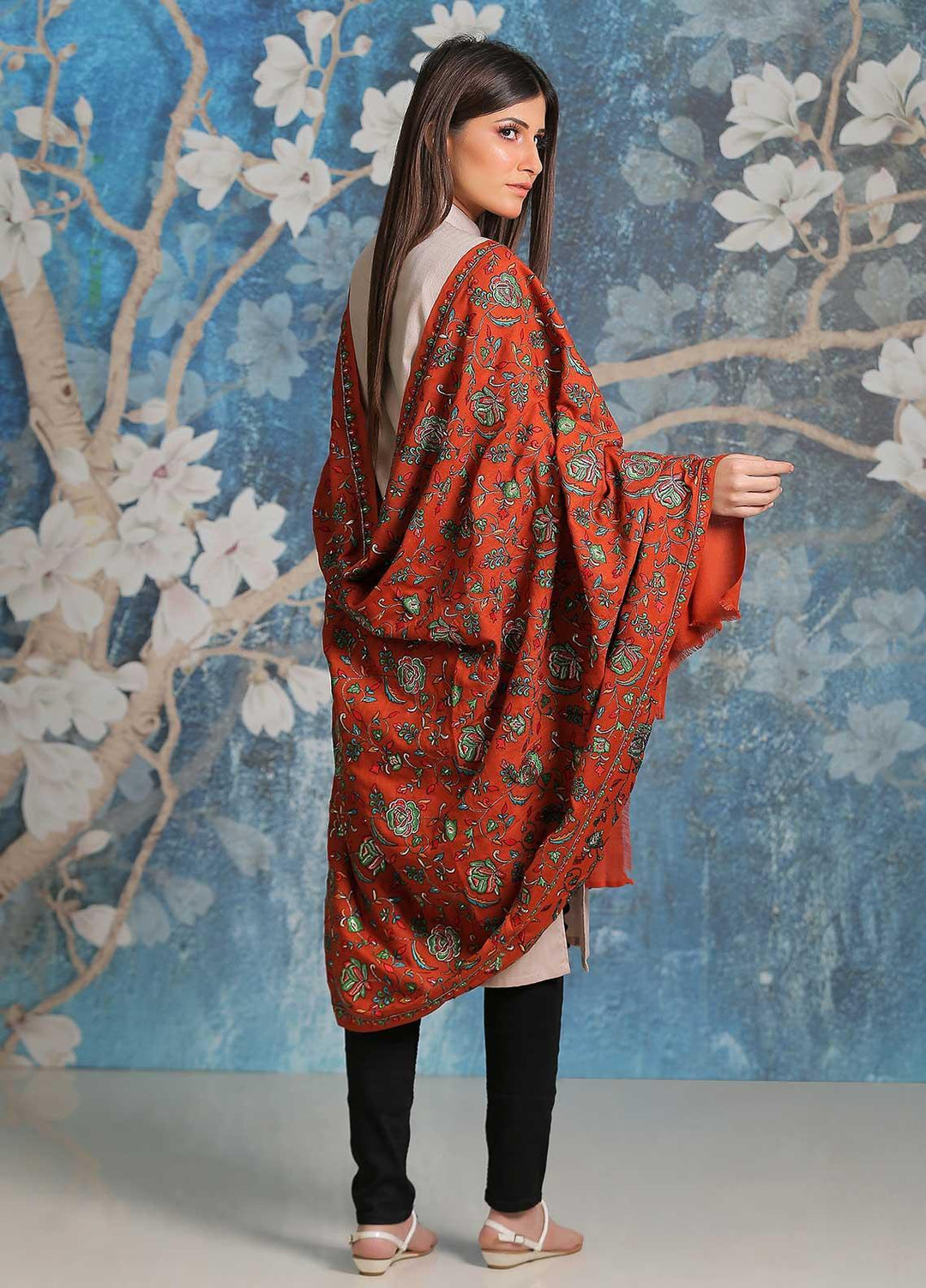 Sanaulla Exclusive Range Embroidered Pashmina  Shawl SU21PP MIR-21 Orange - Pure Pashmina Shawls