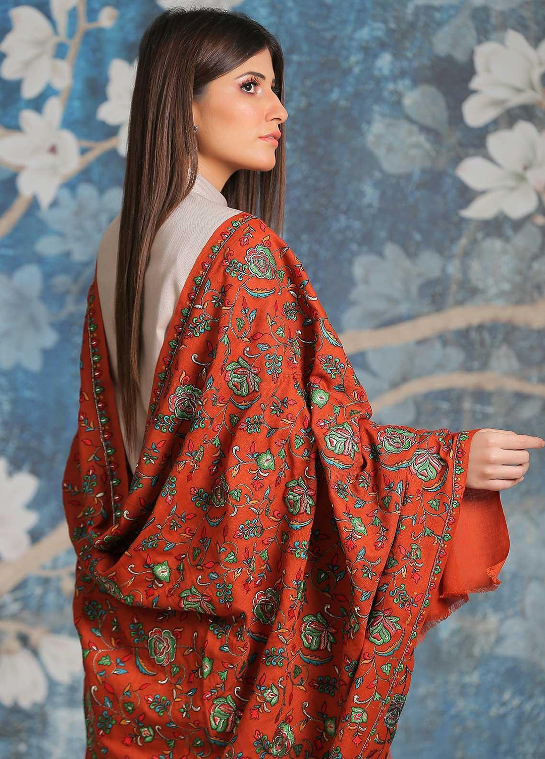 Sanaulla Exclusive Range Embroidered Pashmina  Shawl SU21PP MIR-21 Orange - Pure Pashmina Shawls