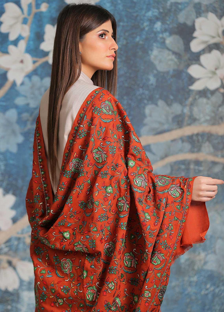 Sanaulla Exclusive Range Embroidered Pashmina  Shawl SU21PP MIR-21 Orange - Pure Pashmina Shawls
