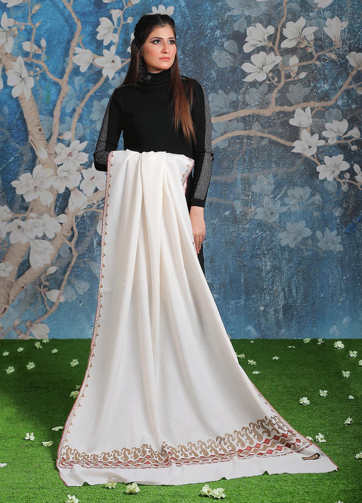Sanaulla Exclusive Range Embroidered Pashmina  Shawl MIR-23 White 3 - Pashmina Shawls