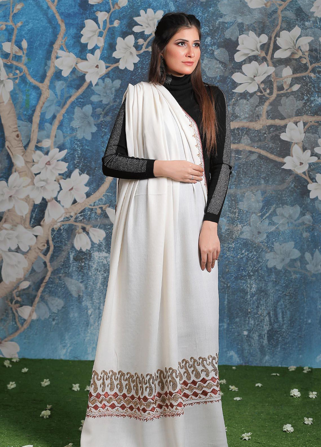 Sanaulla Exclusive Range Embroidered Pashmina  Shawl MIR-23 White 3 - Pashmina Shawls