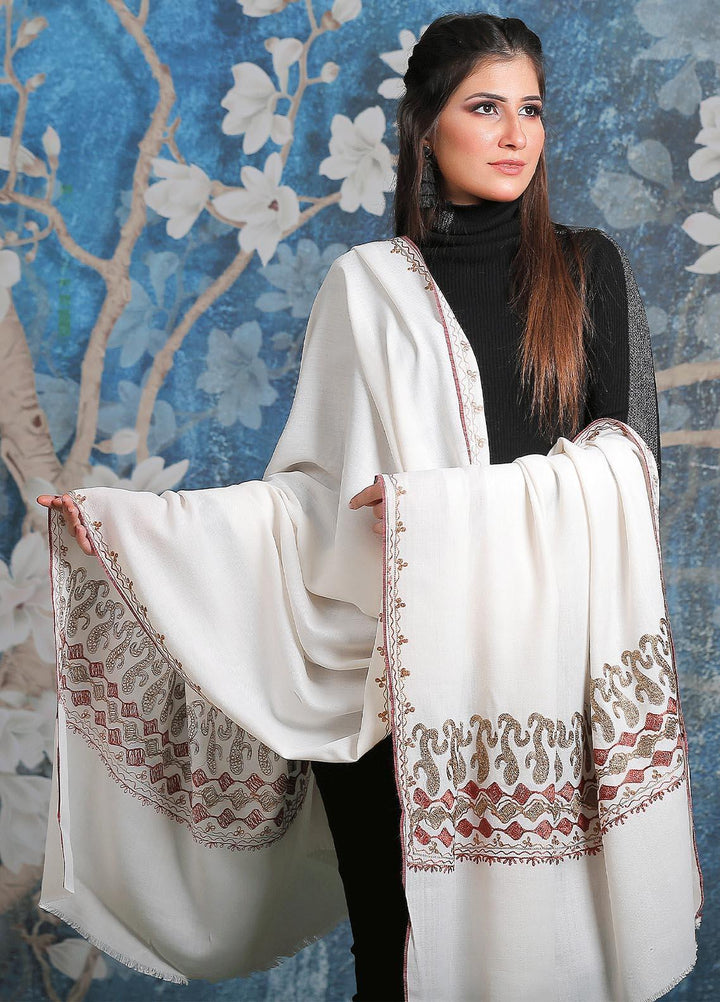 Sanaulla Exclusive Range Embroidered Pashmina  Shawl MIR-23 White 3 - Pashmina Shawls