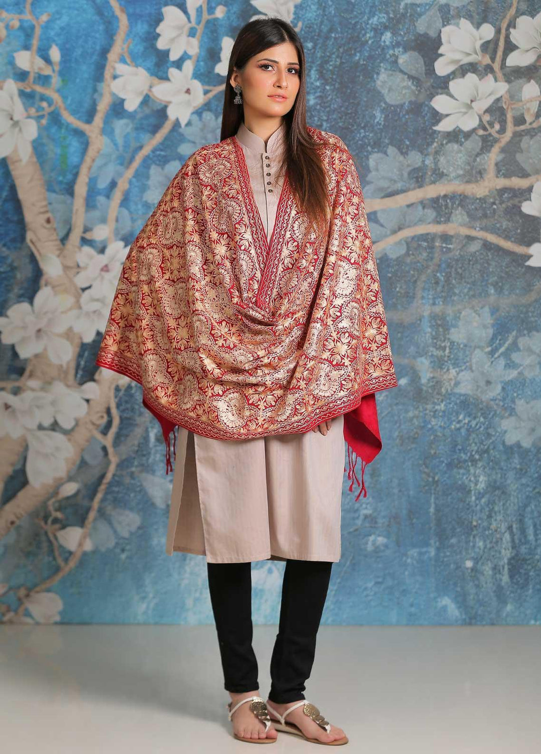 Sanaulla Exclusive Range Embroidered Pashmina  Shawl SU21PP MIR-24 Pink 2 - Pure Pashmina Shawls