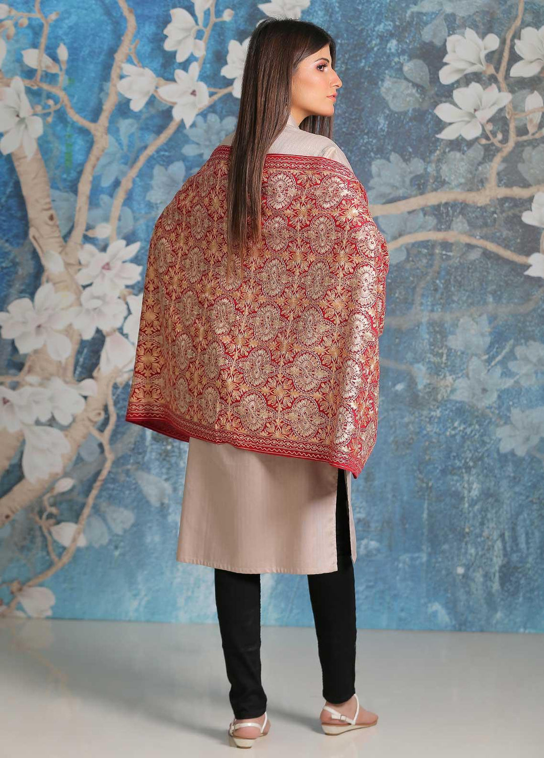 Sanaulla Exclusive Range Embroidered Pashmina  Shawl SU21PP MIR-24 Pink 2 - Pure Pashmina Shawls