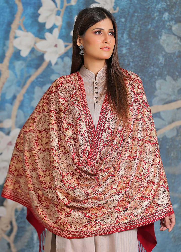 Sanaulla Exclusive Range Embroidered Pashmina  Shawl SU21PP MIR-24 Pink 2 - Pure Pashmina Shawls