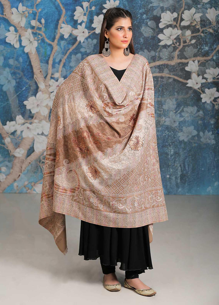Sanaulla Exclusive Range Embroidered Pashmina  Shawl SU21PP MIR-25 Fawn 1 - Pure Pashmina Shawls