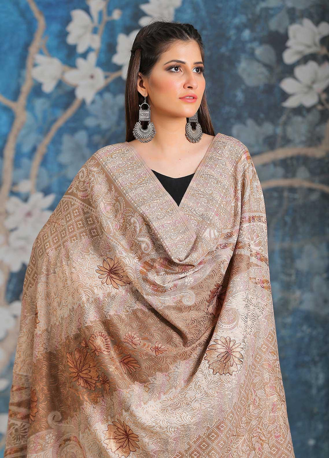 Sanaulla Exclusive Range Embroidered Pashmina  Shawl SU21PP MIR-25 Fawn 1 - Pure Pashmina Shawls