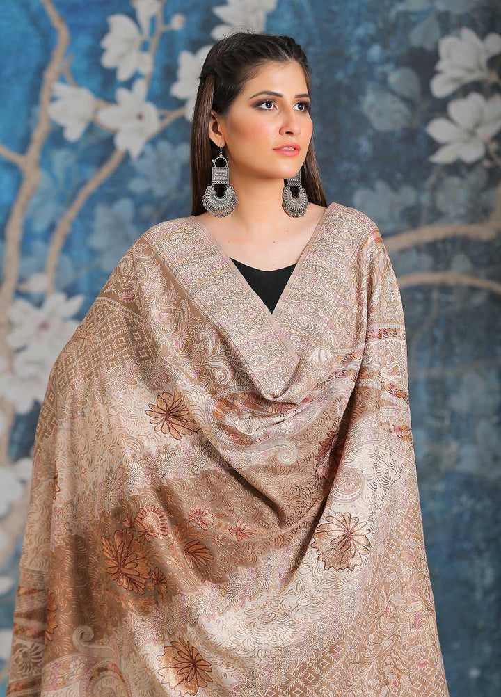 Sanaulla Exclusive Range Embroidered Pashmina  Shawl SU21PP MIR-25 Fawn 1 - Pure Pashmina Shawls