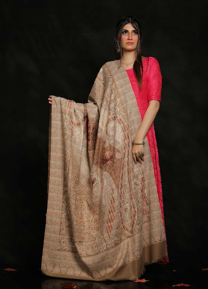Sanaulla Exclusive Range Embroidered Pashmina  Shawl MIR-25 Fawn 2 - Pashmina Shawls