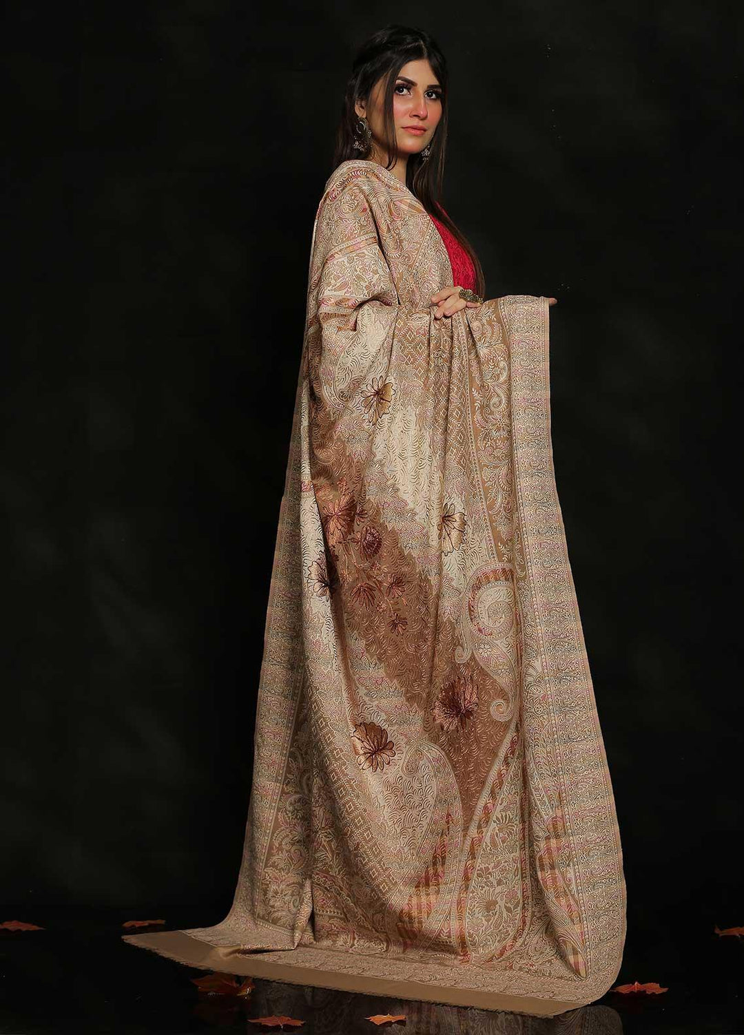 Sanaulla Exclusive Range Embroidered Pashmina  Shawl MIR-25 Fawn 2 - Pashmina Shawls