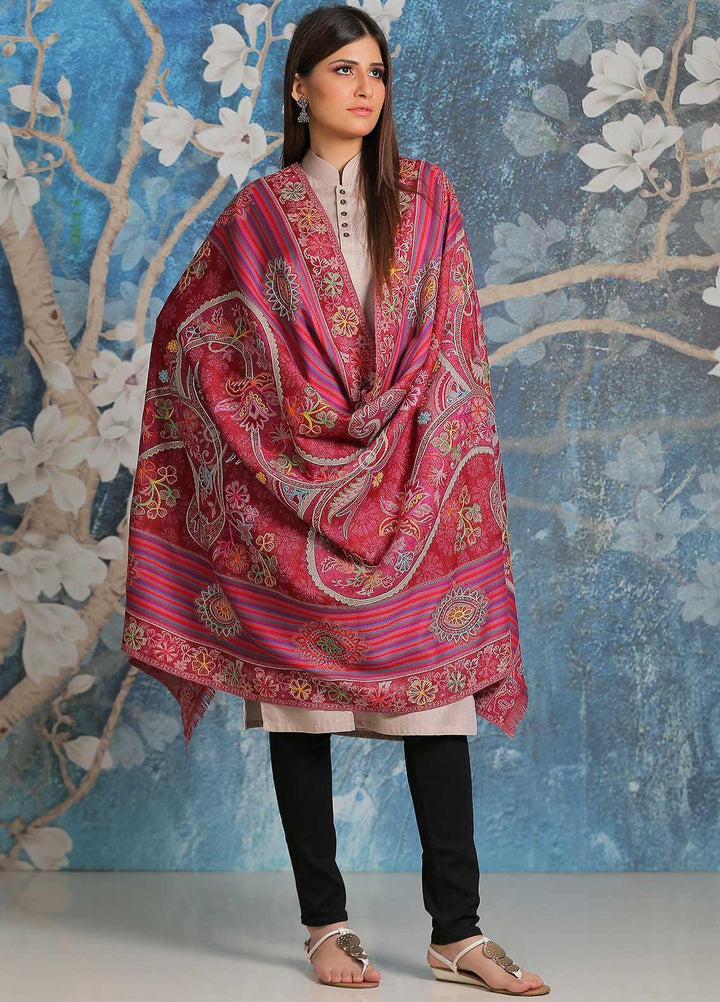 Sanaulla Exclusive Range Embroidered Pashmina  Shawl SU21PP MIR-25 Pink - Pure Pashmina Shawls